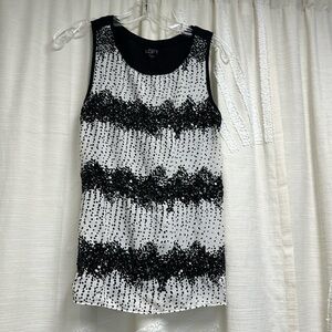 Loft size XS Mixed Media tank Ivory/black with sequins solid black knit back